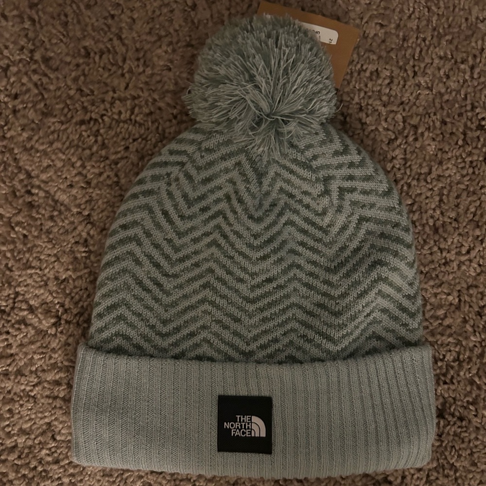 The North Face Kids Green Chevron Pom Beanie